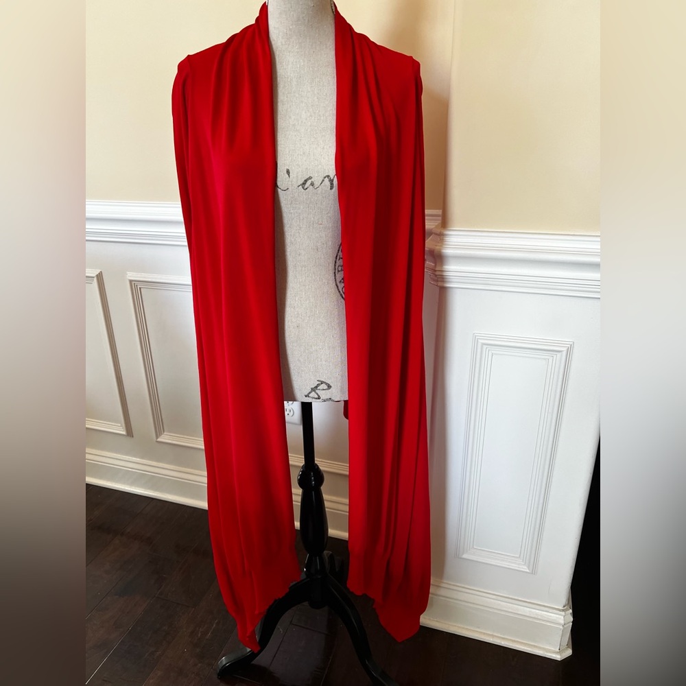 Red, Shawl collar open front; high-low, long sleeves cardigan.